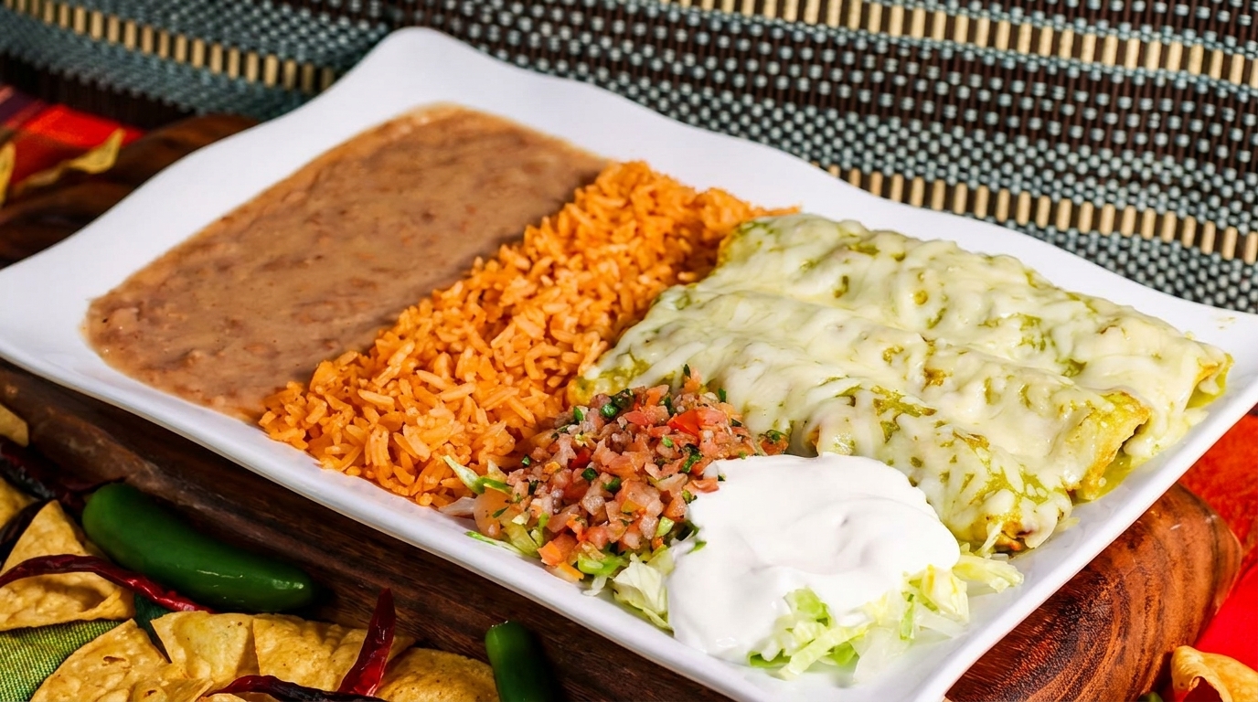 A white plate with three cheesy green enchiladas, rice, refried beans, pico de gallo, and sour cream.