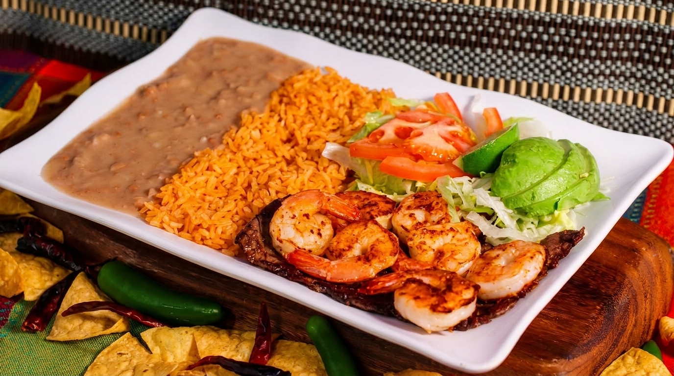 A white plate with grilled shrimp, steak, rice, refried beans, and a side salad with avocado.