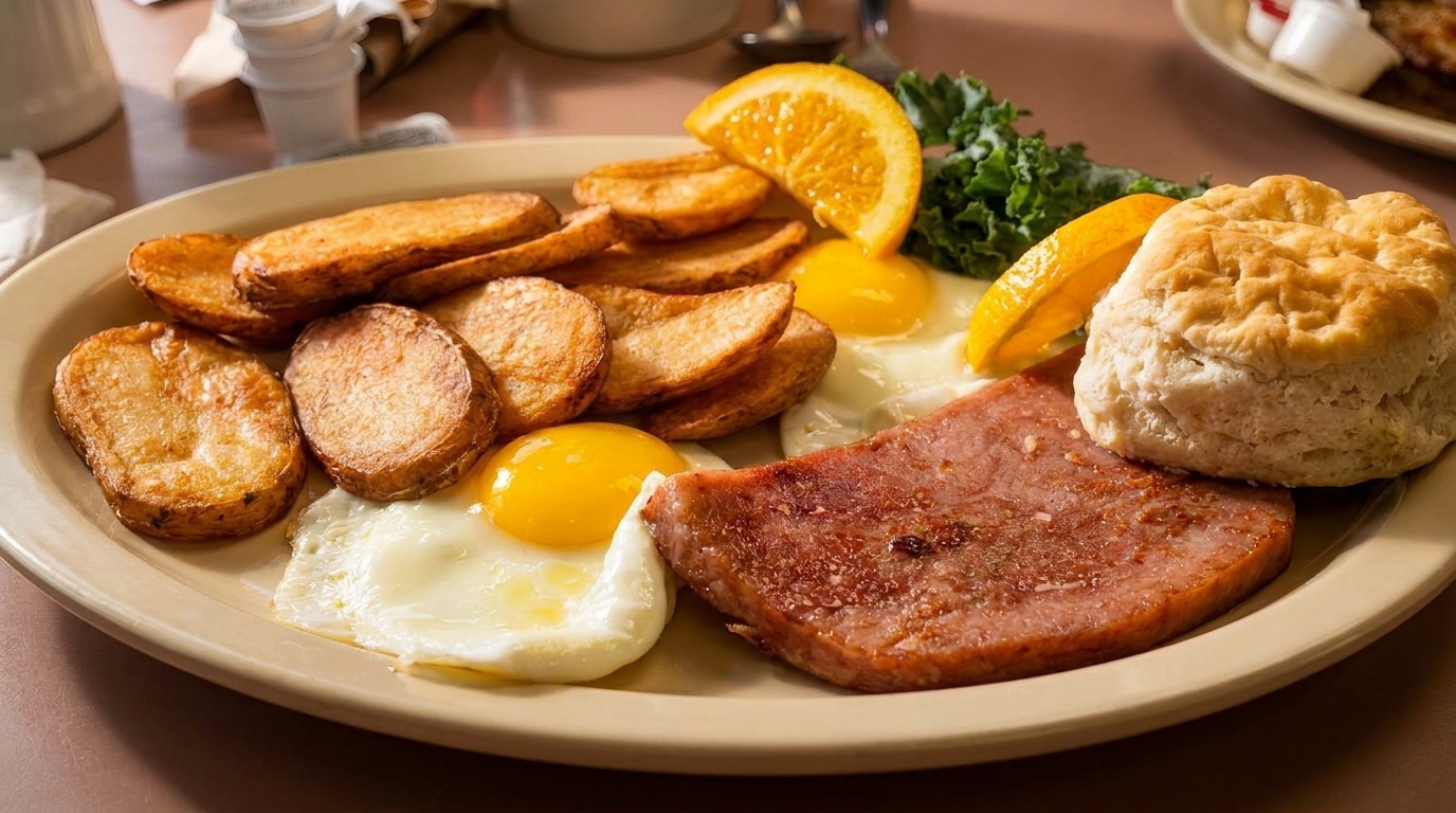 Hearty breakfast plate with fried potatoes, sunny-side-up eggs, ham, a biscuit, and orange slices.
