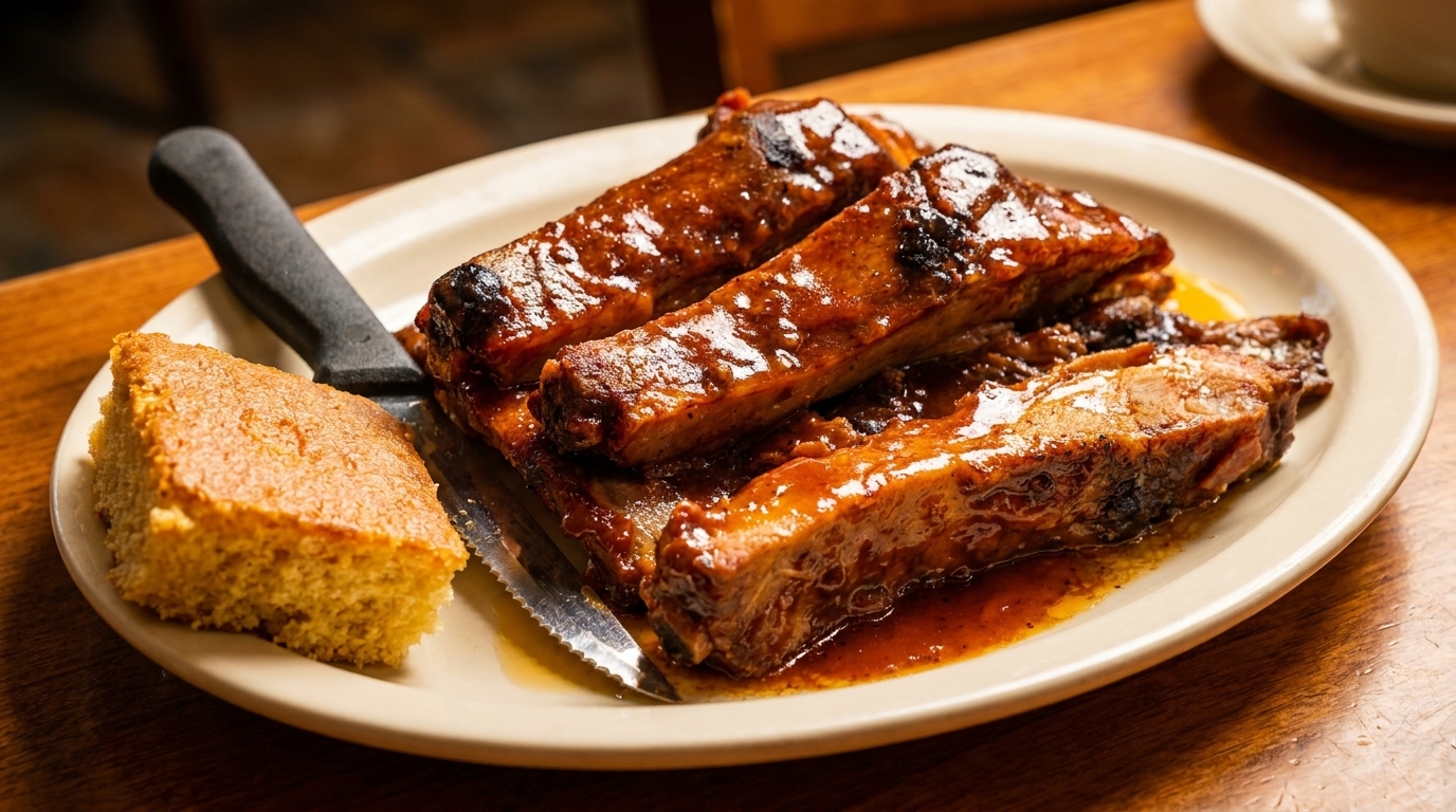 A plate of glistening BBQ ribs with a side of cornbread and a knife on a wooden table.