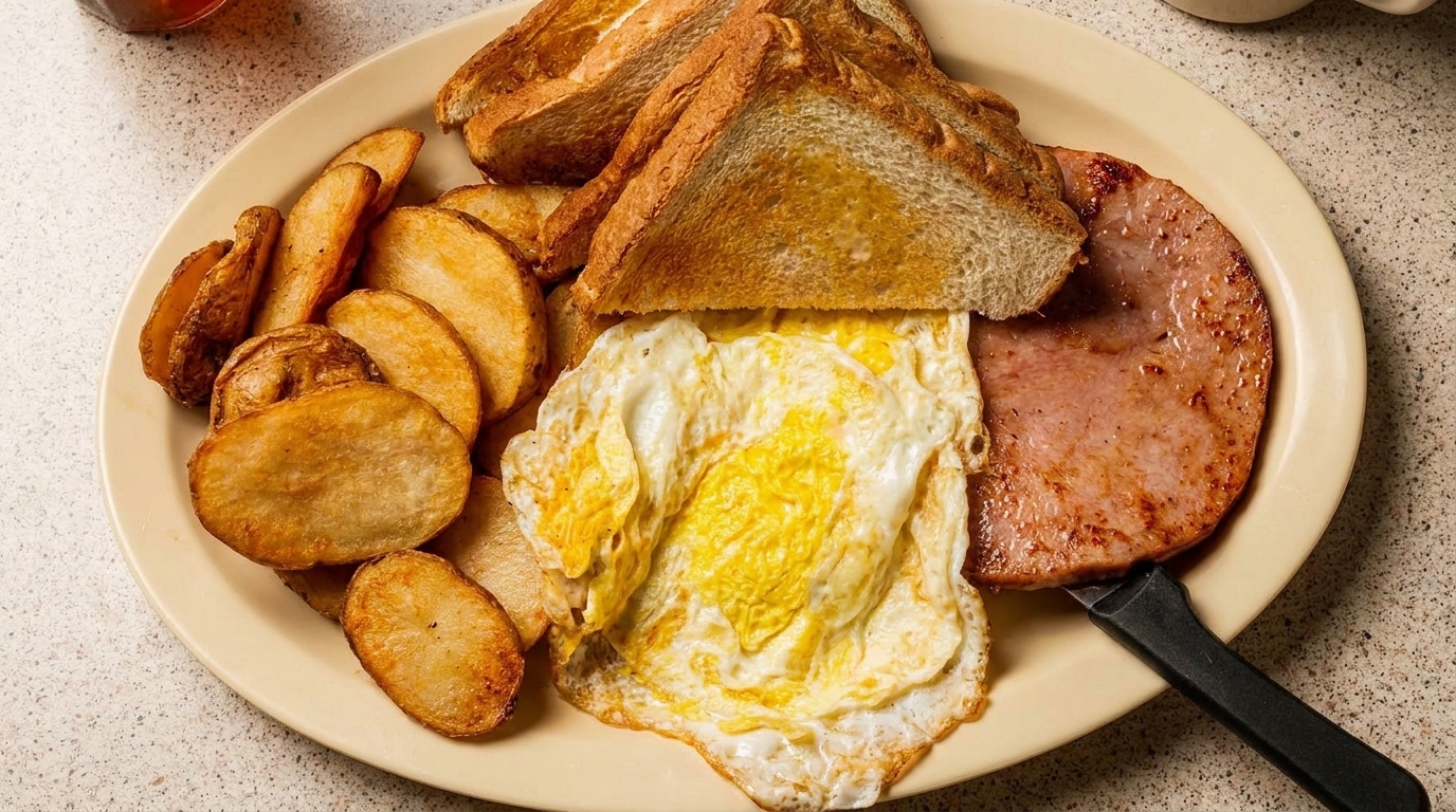 A breakfast platter with fried eggs, ham, home fries, and toast on a light yellow plate.