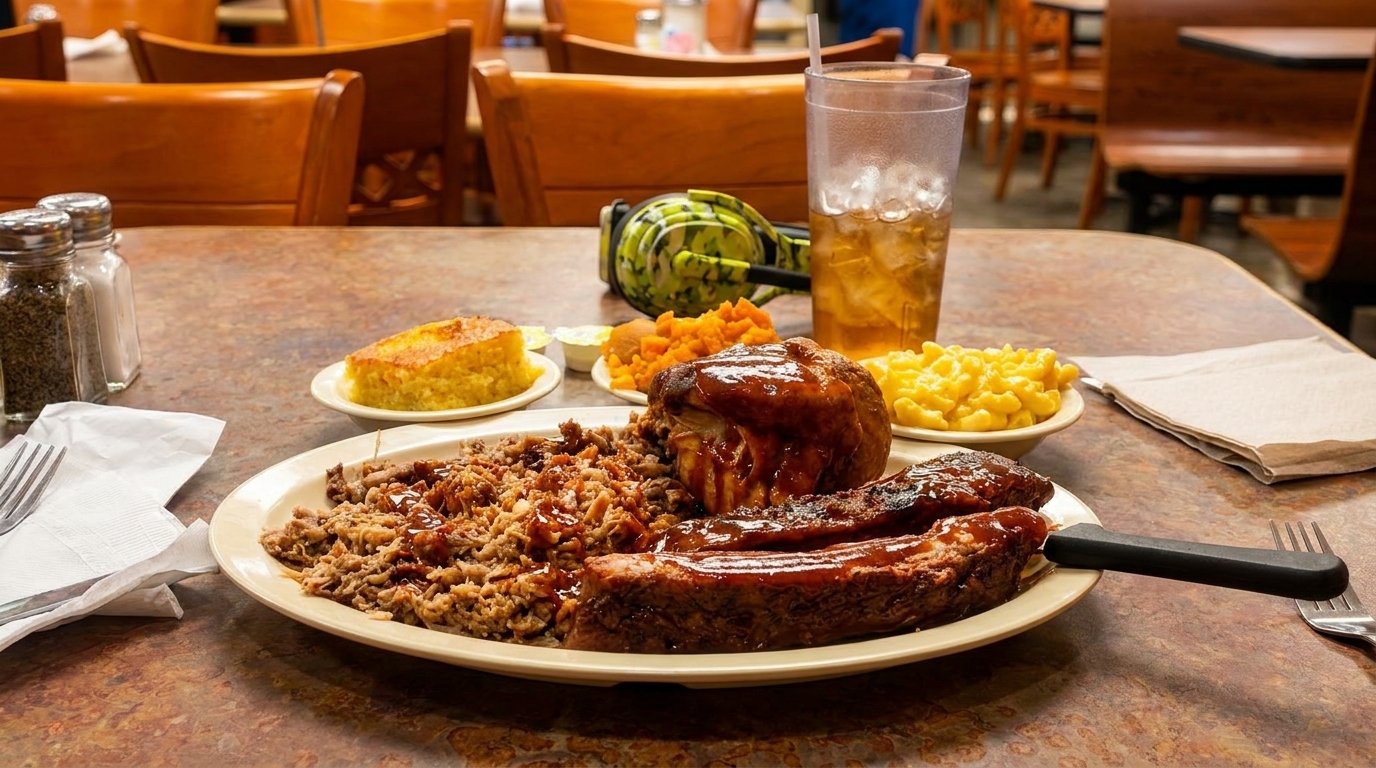 A BBQ platter with pulled pork, ribs, chicken, mac and cheese, sweet potatoes, and cornbread.