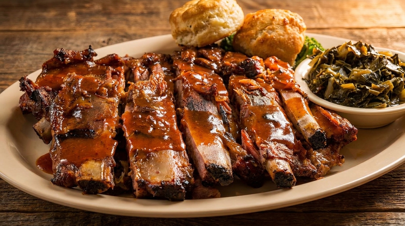 Plate of BBQ ribs with sauce, two biscuits, and a side of collard greens on a wooden table.