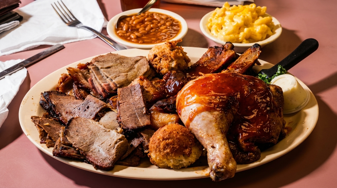 A large platter of barbecue brisket, ribs, chicken, hushpuppies, with sides of baked beans and mac and cheese.