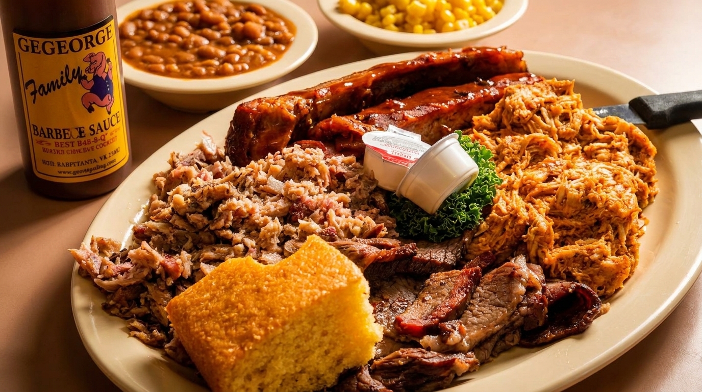 A large platter of barbecue meats, including ribs, pulled pork, and brisket, with sides of baked beans, corn, and cornbread.