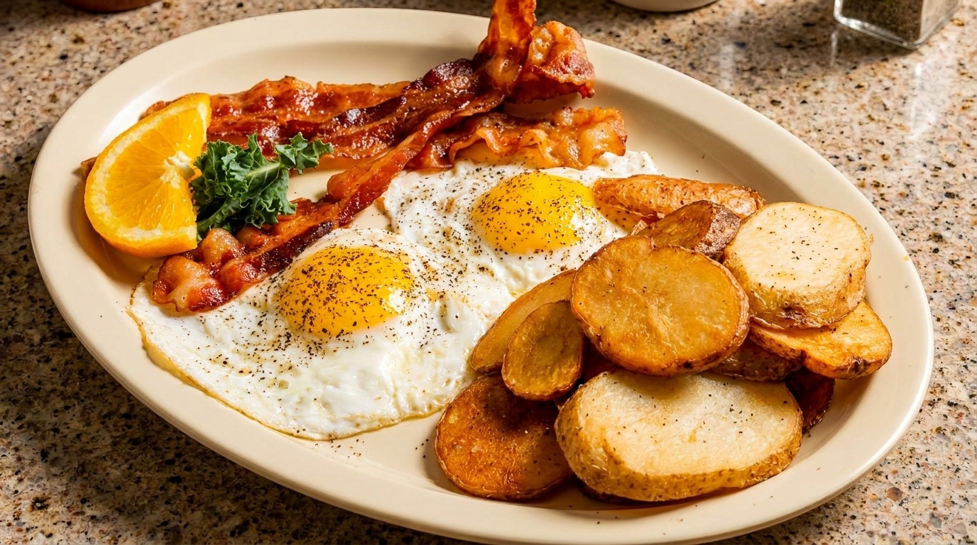 Hearty breakfast plate with crispy bacon, two fried eggs, home fries, and an orange slice.