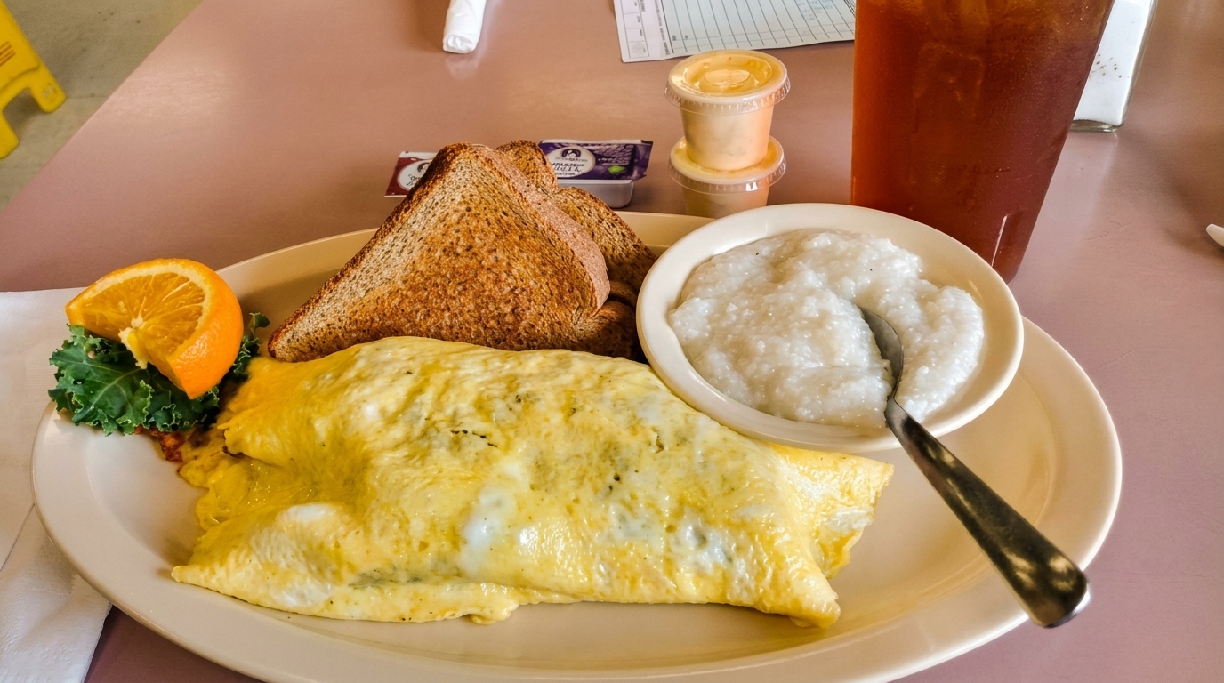 A breakfast plate with an omelet, toast, grits, an orange slice, and iced tea.