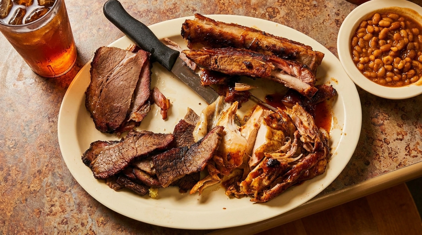 A plate of barbecue brisket, ribs, and chicken with a side of baked beans and iced tea.
