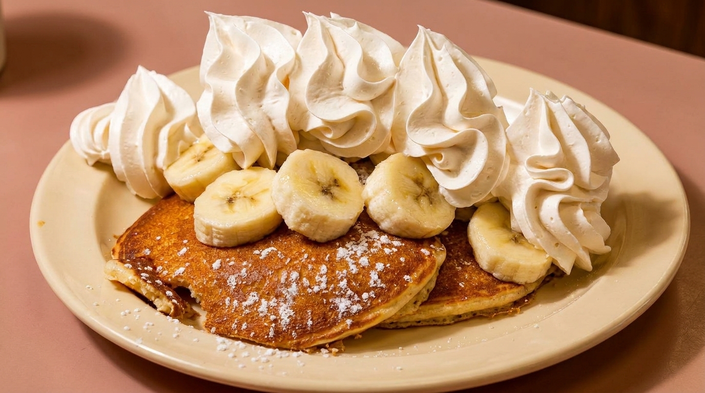 Fluffy pancakes topped with sliced bananas and generous dollops of whipped cream on a yellow plate.