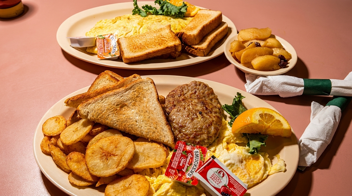 Two breakfast plates with eggs, toast, sausage, home fries, and a side of stewed apples.