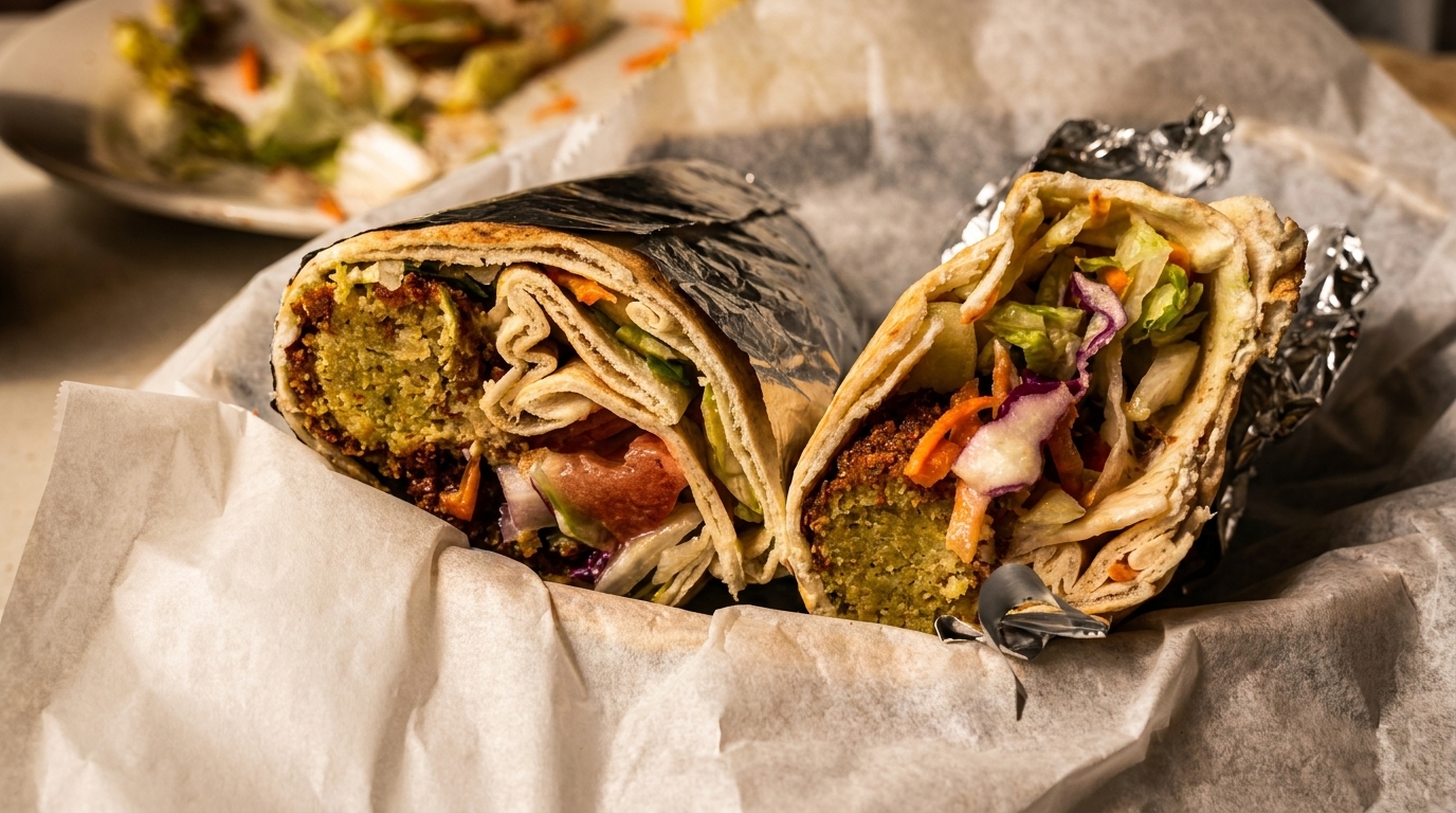 Two falafel wraps, one cut in half, filled with fresh vegetables and falafel, in a paper-lined basket.