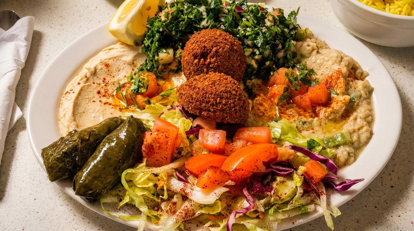 A vibrant platter of falafel, hummus, baba ghanoush, tabbouleh, dolmades, and fresh salad.
