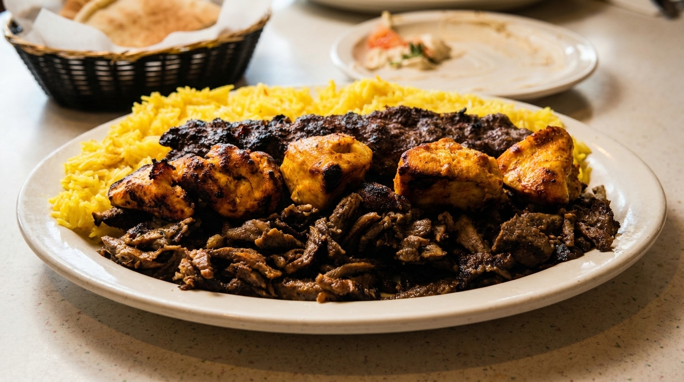A large platter of yellow rice, grilled chicken, beef shawarma, and kofta kebabs.