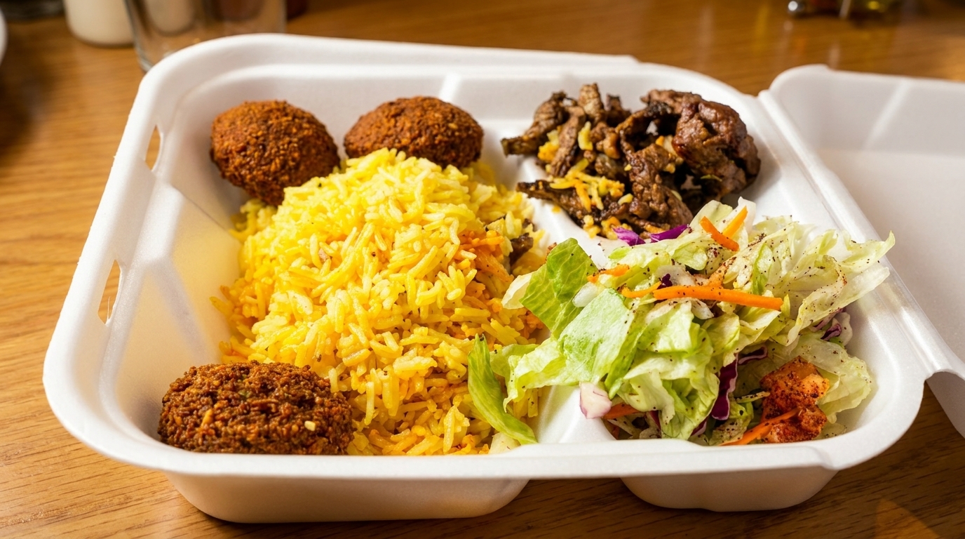 Takeout container with yellow rice, falafel, beef, and a side salad on a wooden table.
