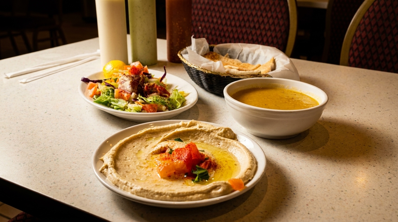 A table set with hummus, salad, soup, and pita bread, with bottles in the background.