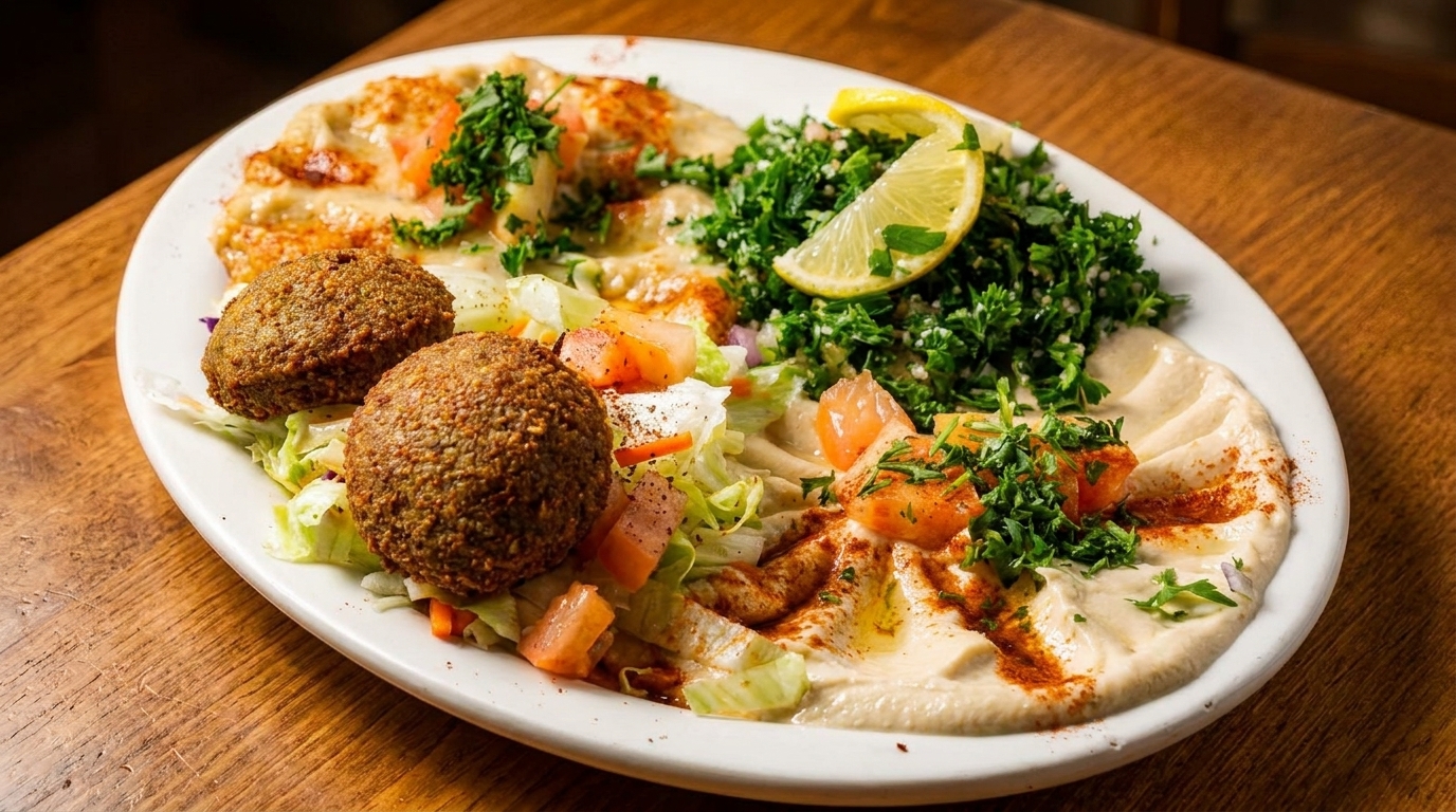 A white plate with falafel, hummus, tabbouleh, and salad on a wooden table.