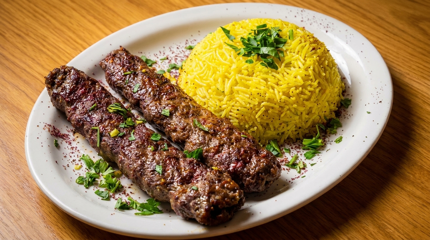 Two grilled kebabs and a mound of yellow rice, garnished with parsley and sumac, on a white plate.