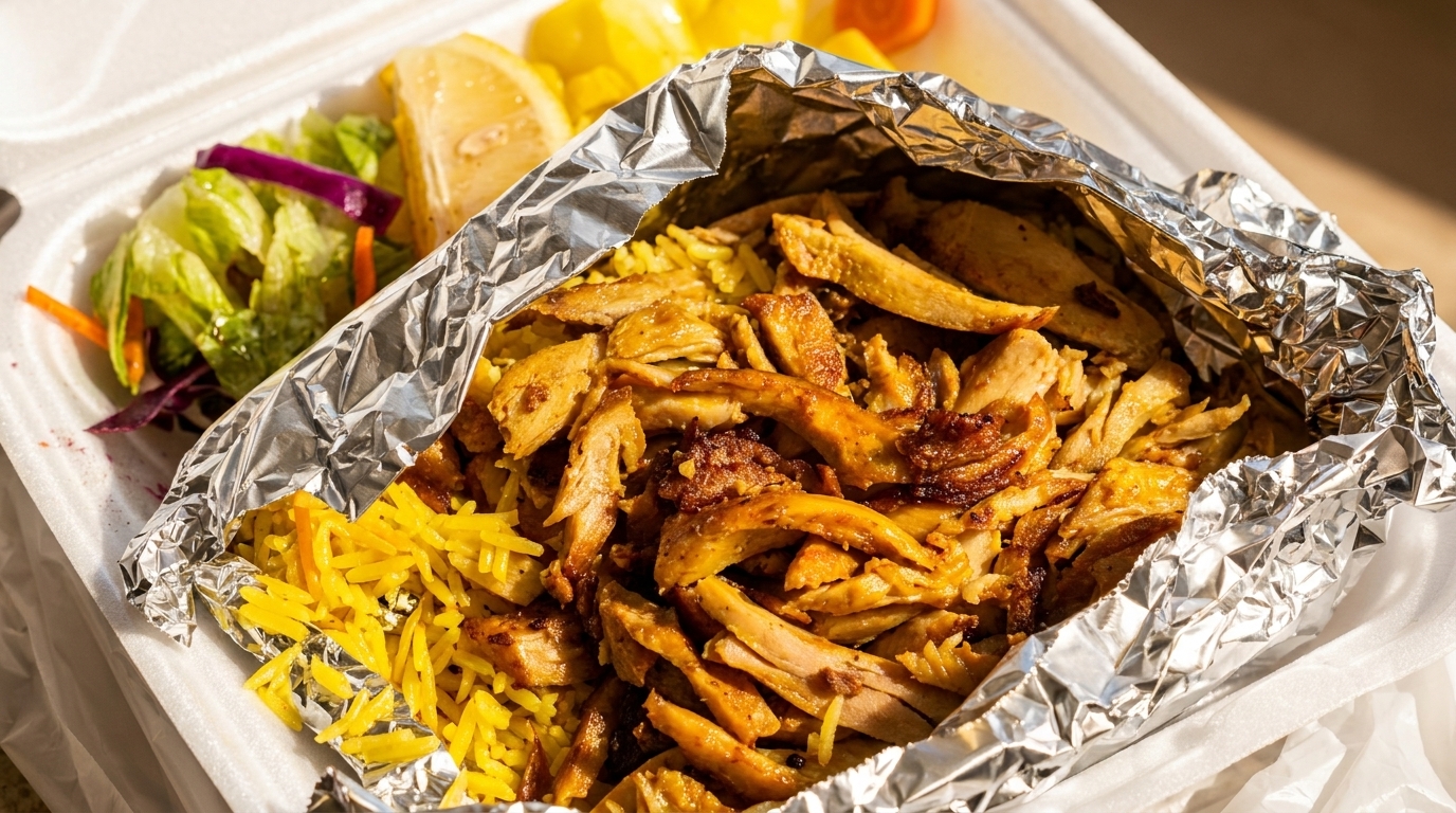 Chicken and rice platter with salad and lemon wedges in a takeout container.