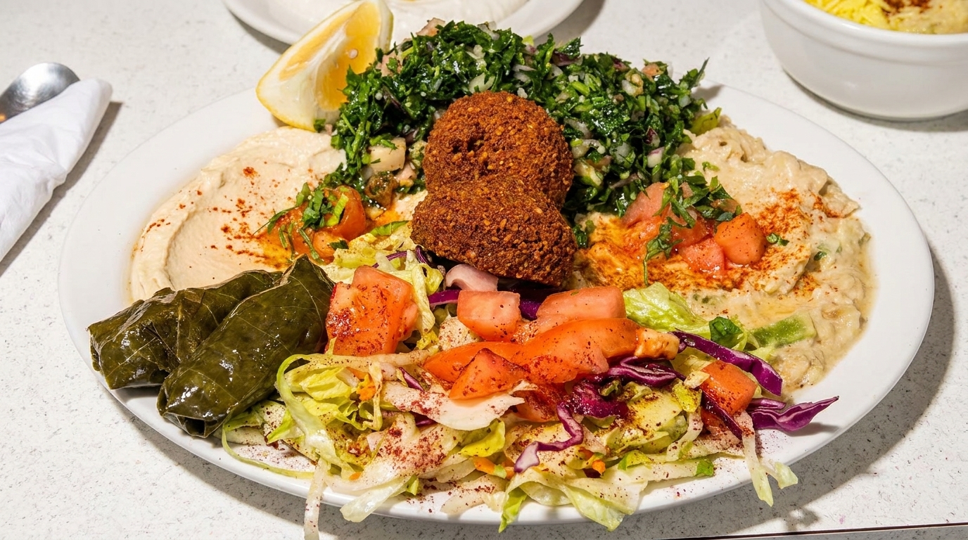 A large platter of Mediterranean food with falafel, hummus, baba ghanoush, tabbouleh, grape leaves, and salad.