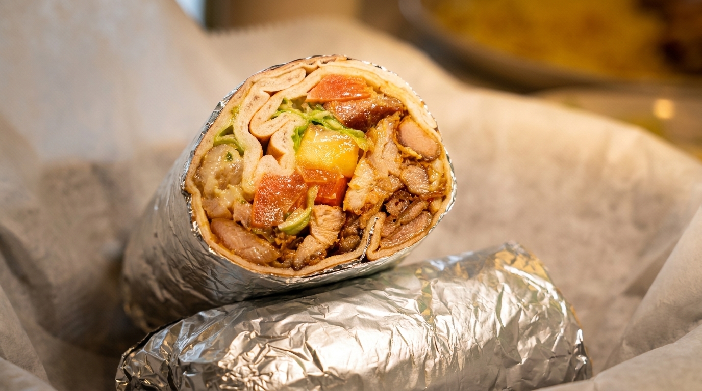 A foil-wrapped burrito, cut in half, revealing chicken, beans, tomatoes, and lettuce.