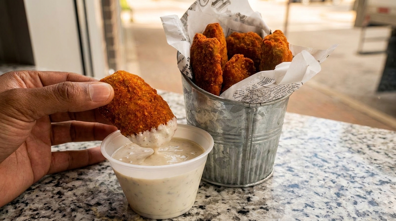 A hand dips a crispy fried jalapeño popper into a cup of creamy ranch dressing.