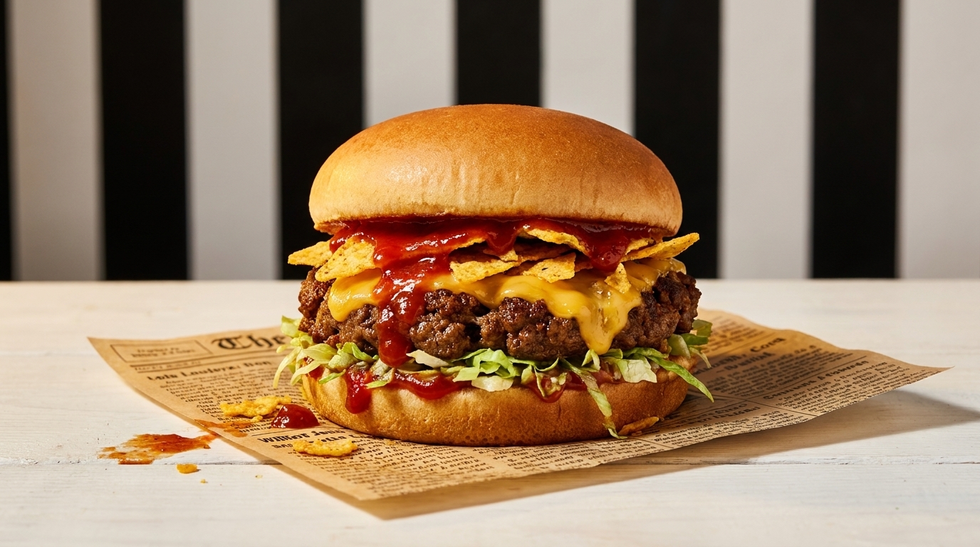 A large burger with melted cheese, nacho chips, and red sauce on a newspaper-lined table.