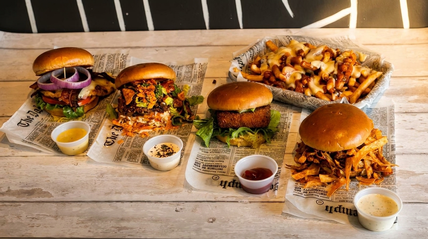 Four gourmet burgers and a basket of loaded fries on newspaper-lined trays on a wooden table.
