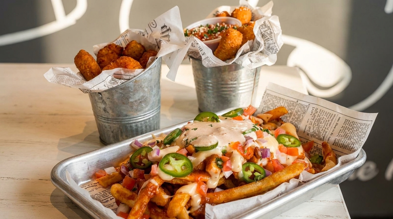 Loaded fries with cheese, jalapeños, and pico de gallo, alongside two buckets of fried appetizers.