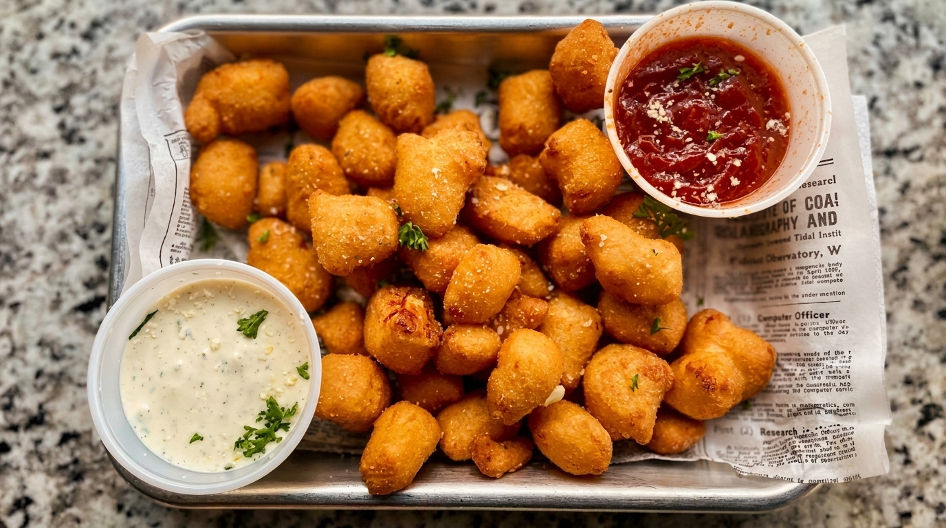A tray of golden-brown fried cheese curds with marinara and ranch dipping sauces.