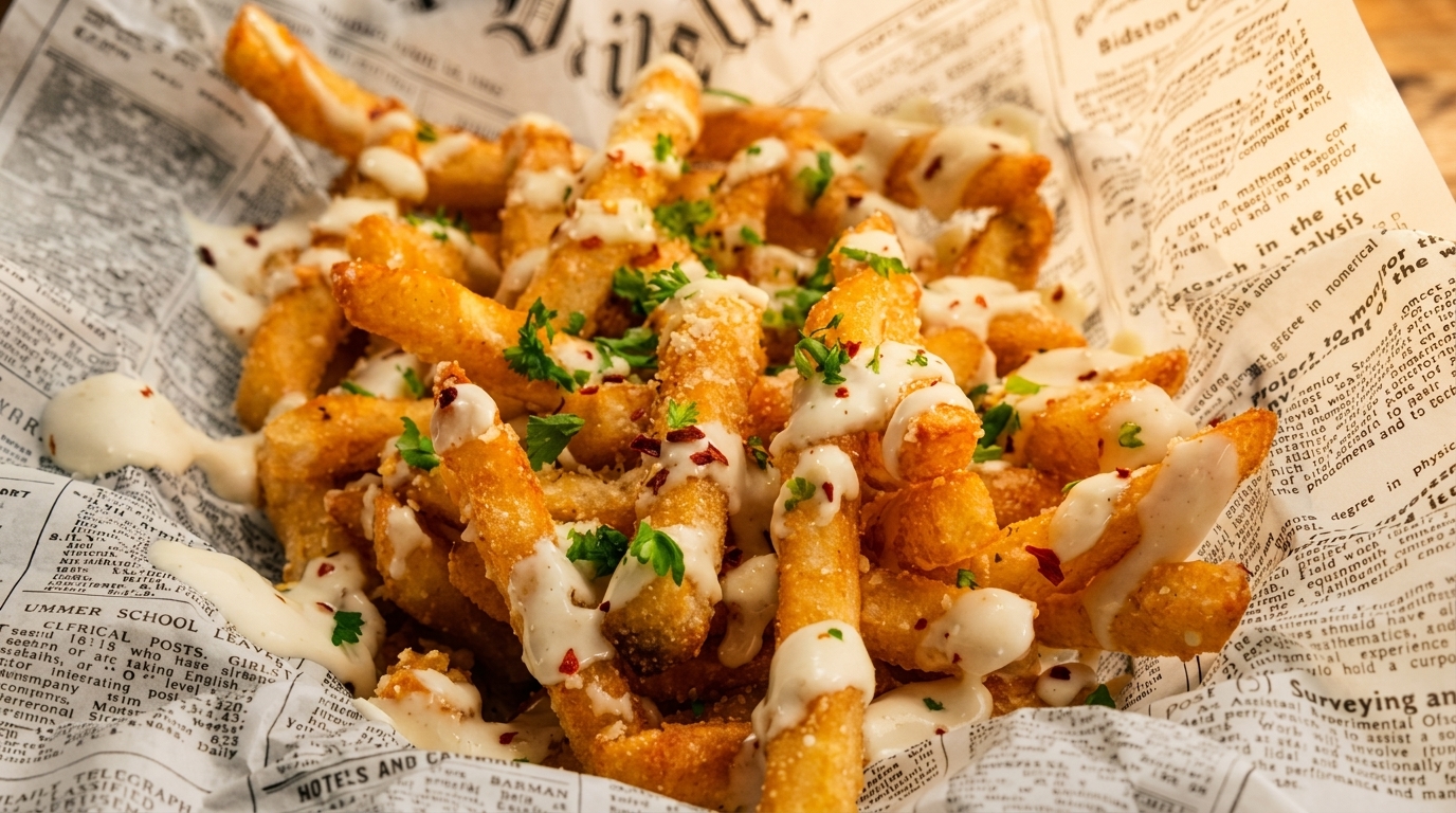 Crispy golden fries drizzled with white sauce, red pepper flakes, and parsley, served on newspaper.