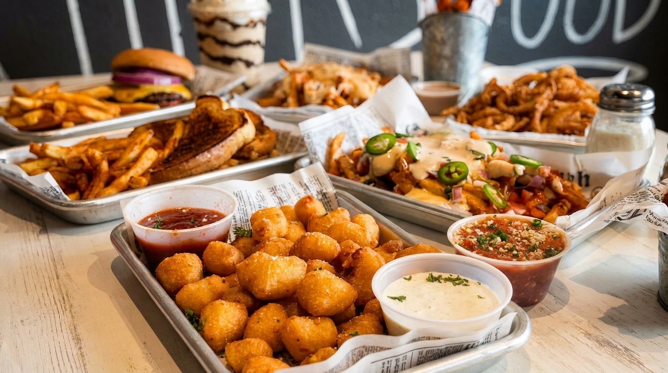 A table laden with various dishes including cheese curds, loaded fries, a burger, and onion rings.