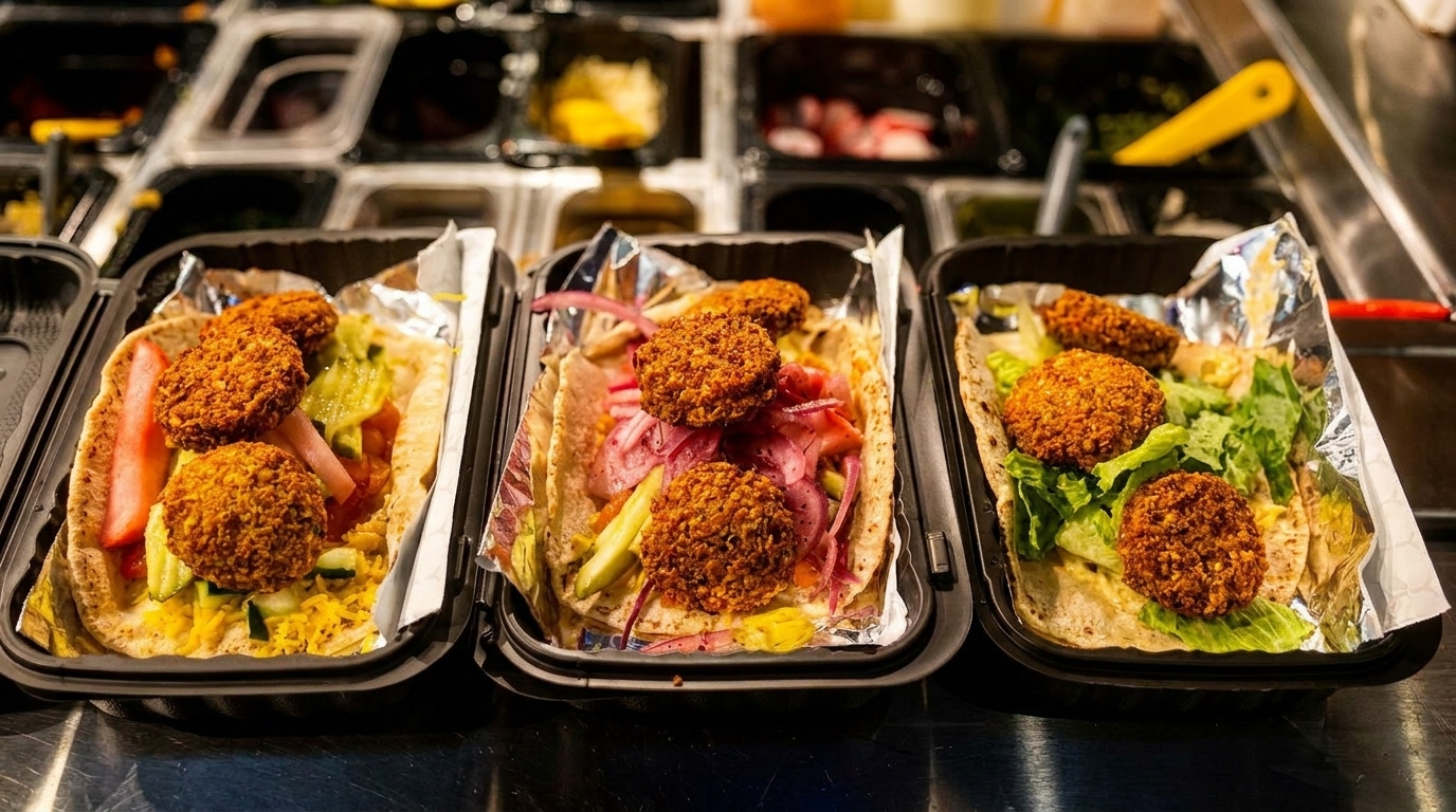 Three falafel wraps in black containers with various toppings, ready for takeout.