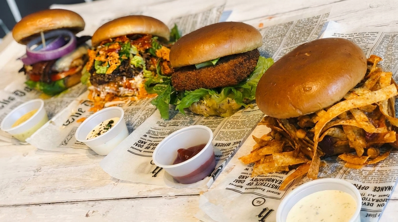Four gourmet burgers with various toppings and dipping sauces on newspaper-lined trays.