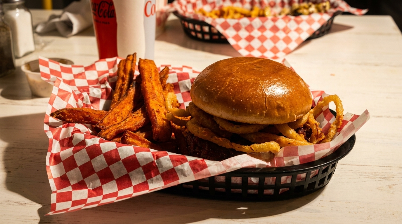A burger with onion rings and sweet potato fries in a basket lined with red and white checkered paper.