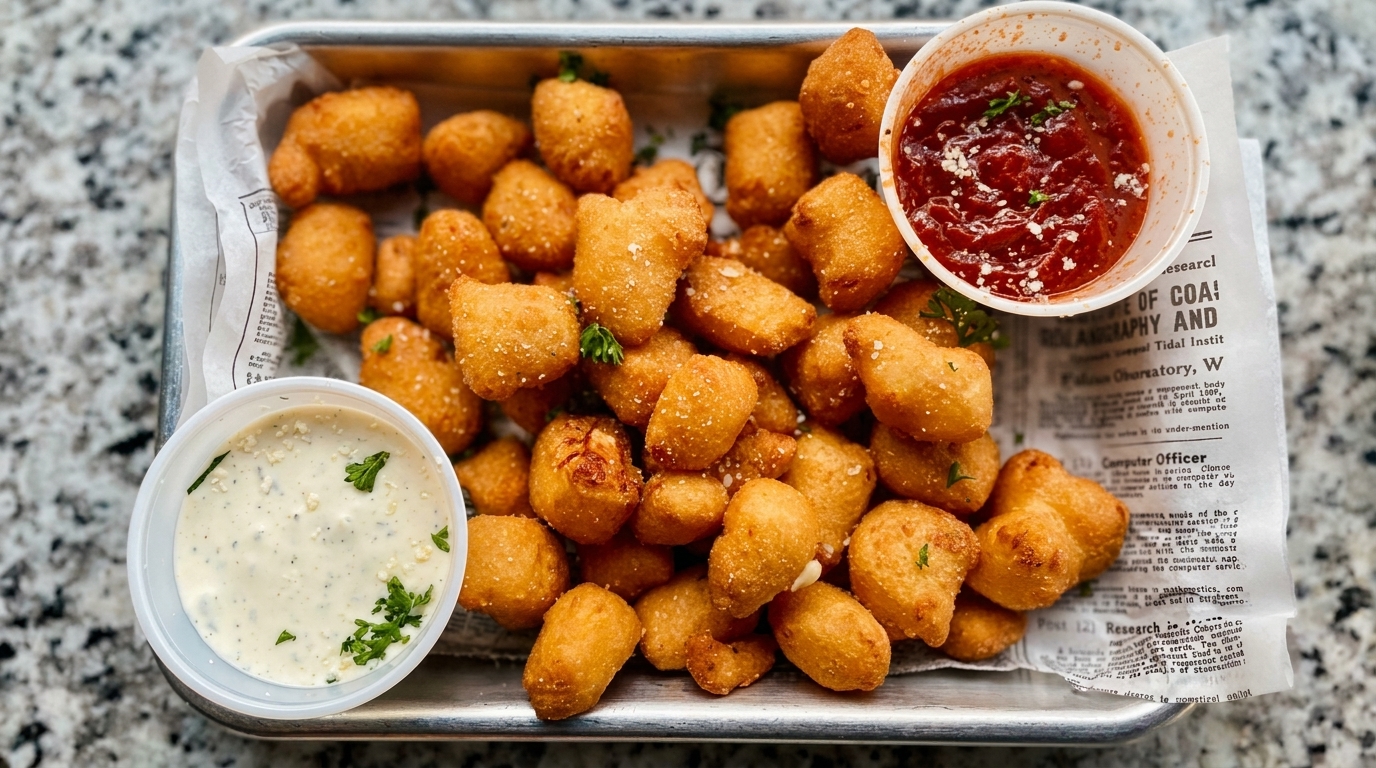 Golden fried cheese curds with marinara and ranch dipping sauces on a metal tray.