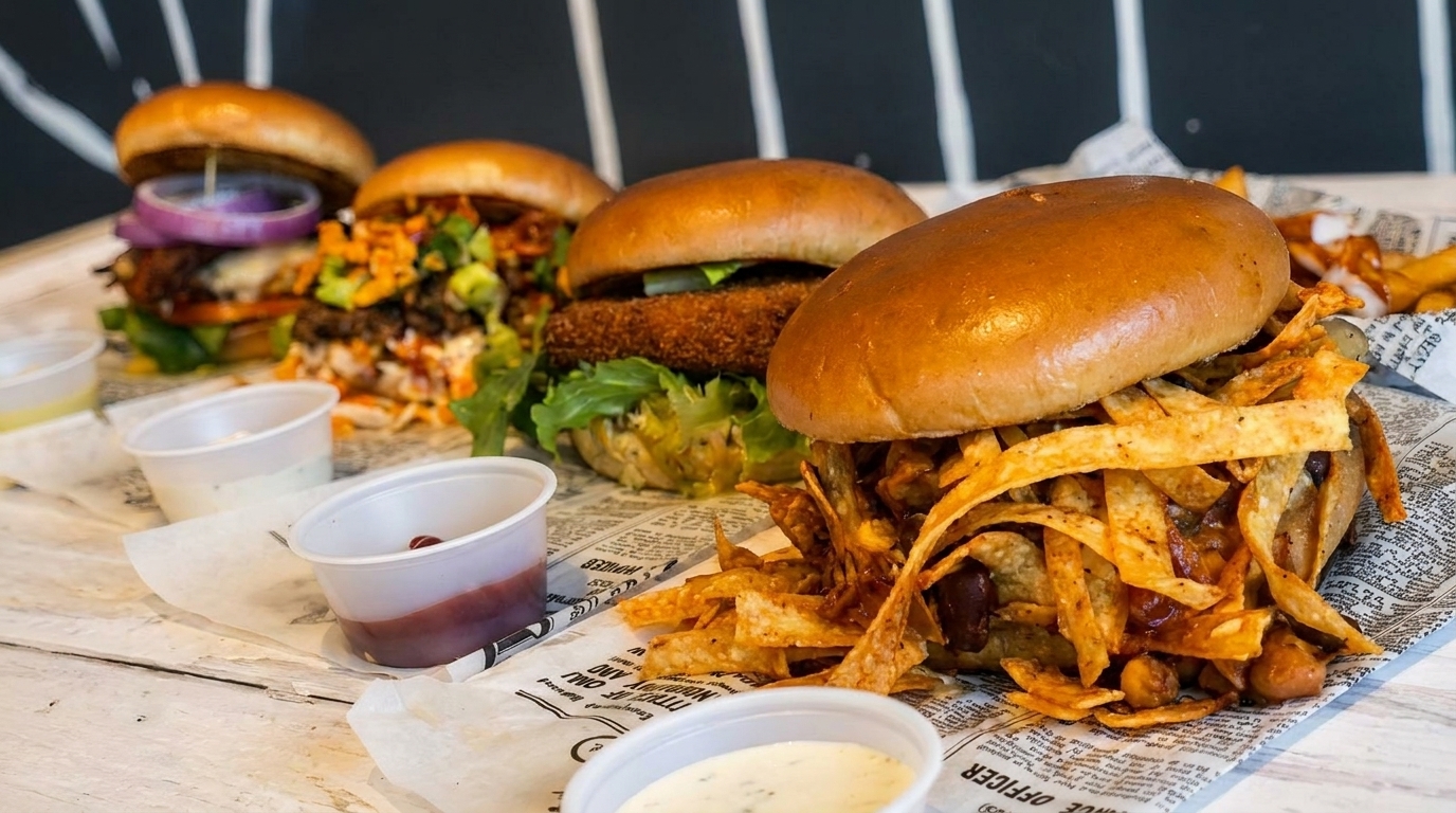Four gourmet burgers with various toppings and dipping sauces on newspaper-lined trays.