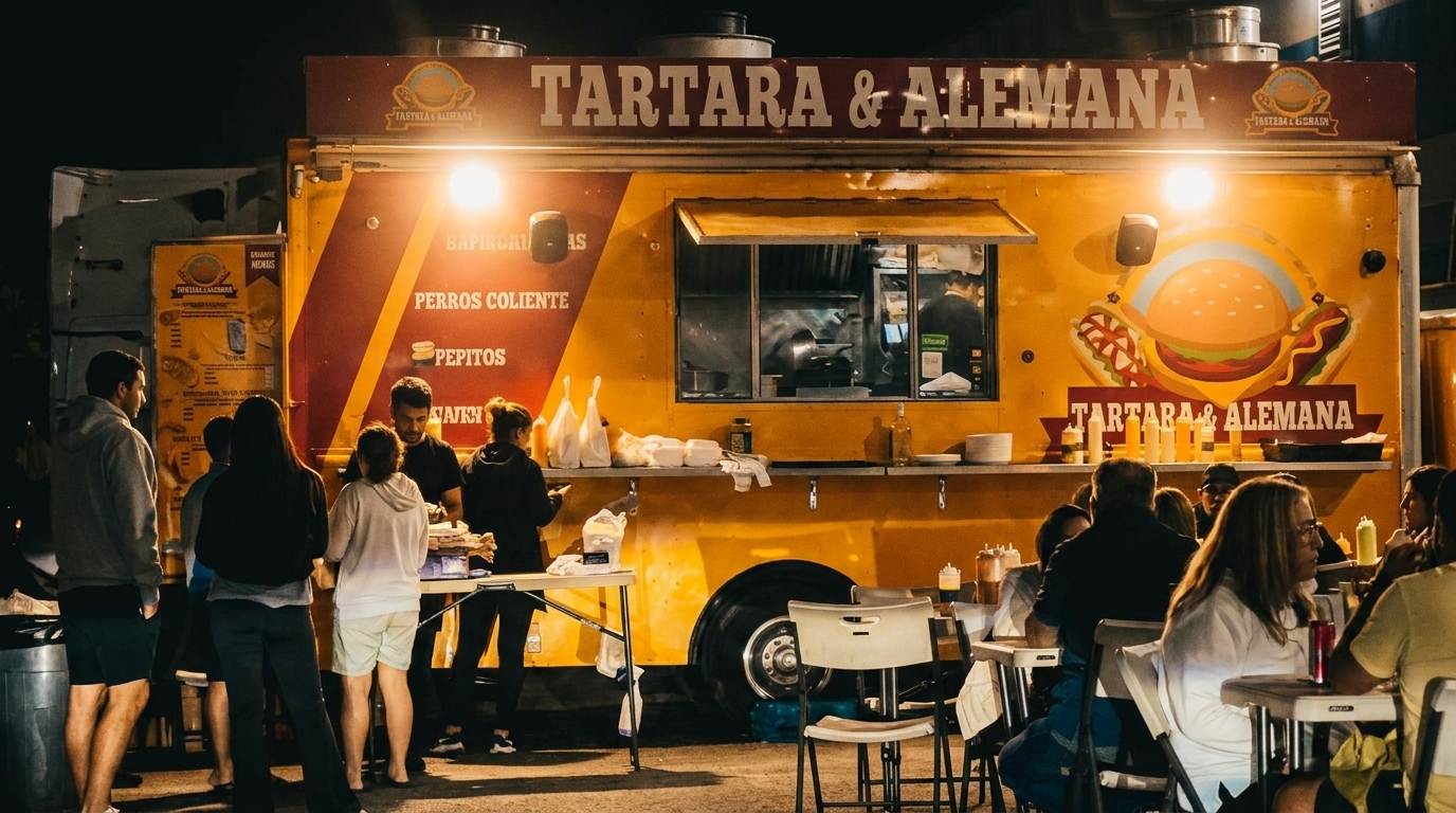 A vibrant yellow and red Tartara & Alemana food truck at night, serving customers.