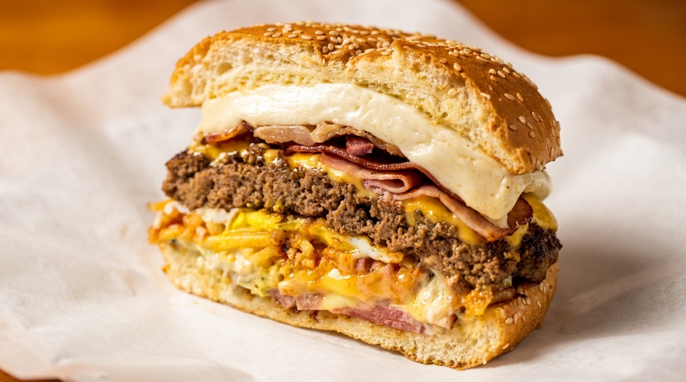 A large, loaded burger with multiple patties, bacon, cheese, and eggs on a sesame seed bun.
