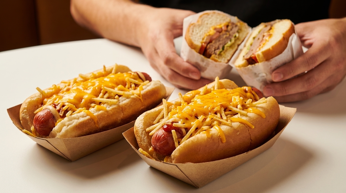 Two hot dogs with cheese and fries, and a person holding a burger in the background.