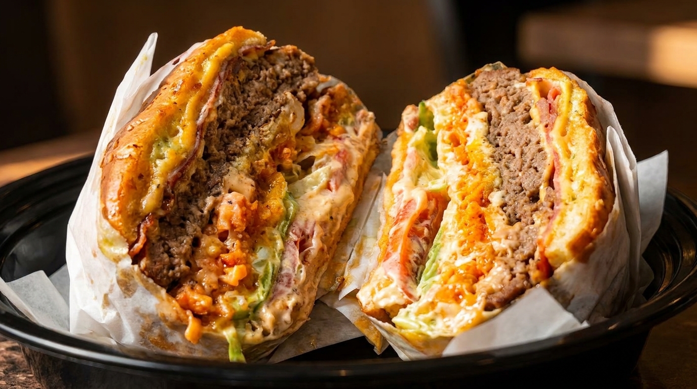 A large burger, cut in half, revealing a thick patty, melted cheese, and fresh vegetables.