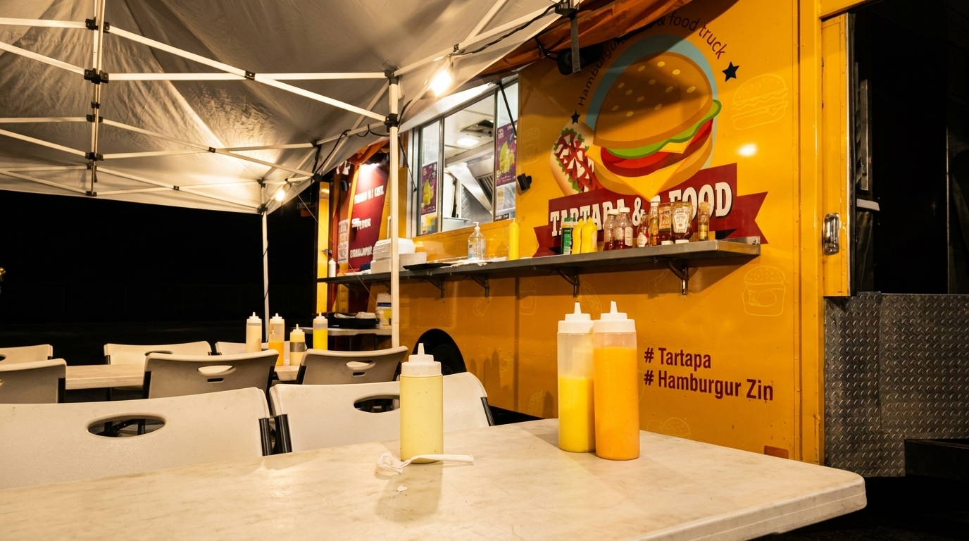 A yellow food truck with a burger logo, under a white tent with tables and chairs.