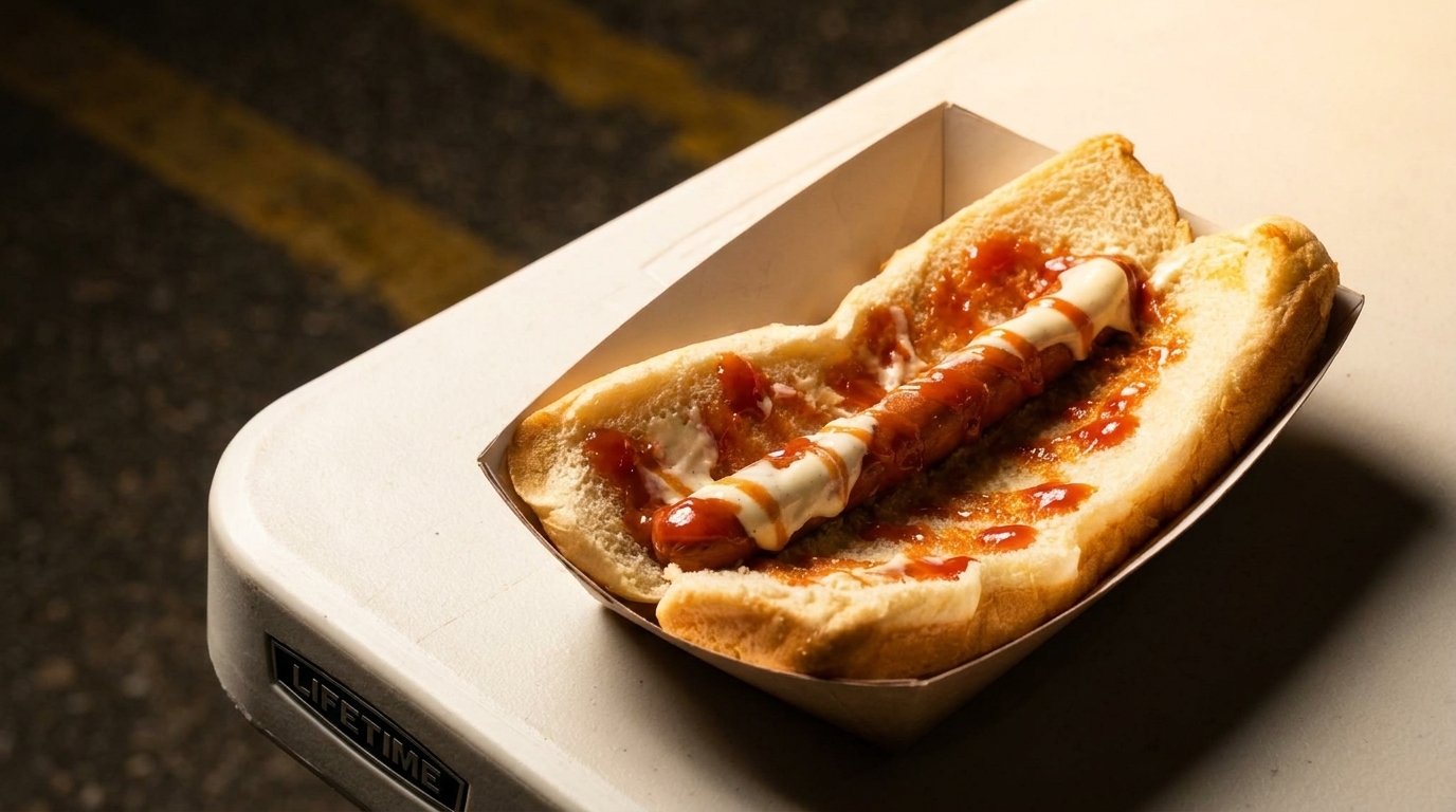 Hot dog with ketchup and mayonnaise in a paper tray on a white table.