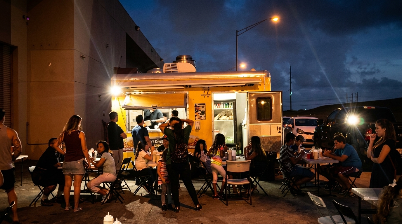 People gather around a bright yellow food truck at night, eating at outdoor tables.