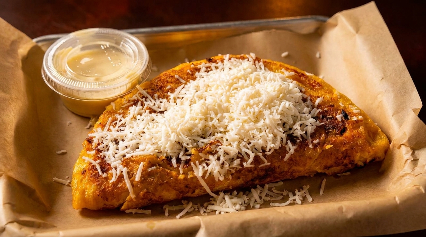 A golden-brown fried empanada, generously topped with shredded white cheese, served with a side of dipping sauce.