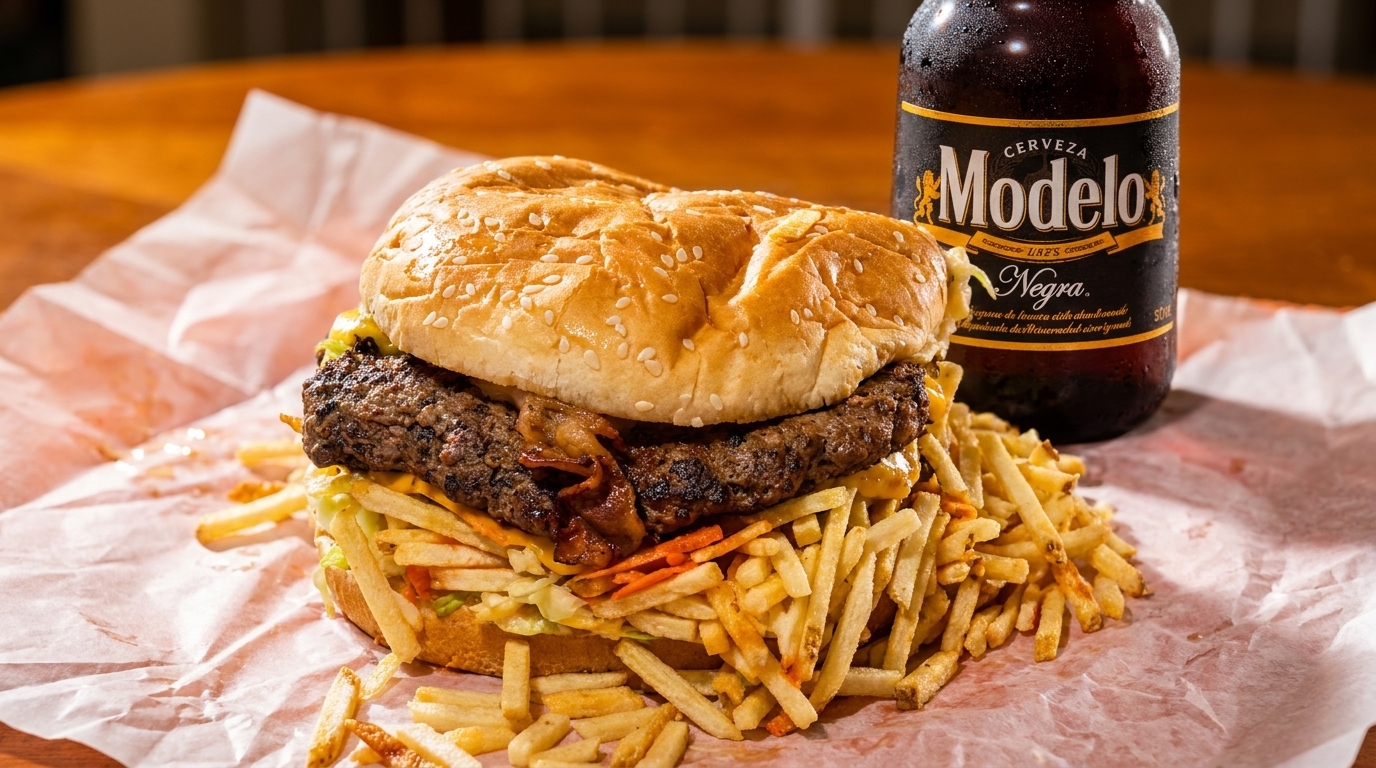 A large burger with fries and a bottle of Modelo Negra beer on crumpled wax paper.