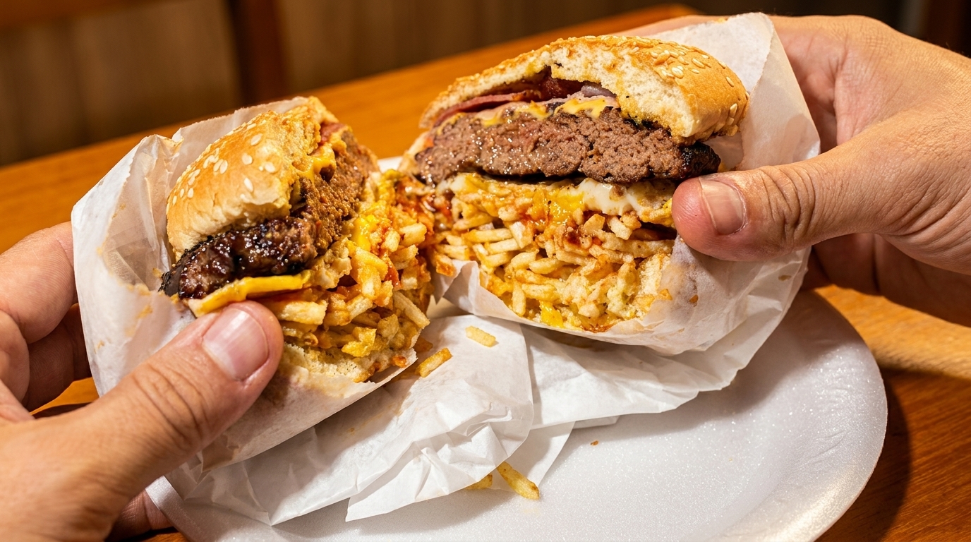 Hands holding a large burger, cut in half, revealing a patty, cheese, and many shoestring fries.