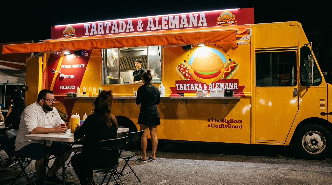 A vibrant yellow food truck, "Tartada & Alemana," serves customers at night, with people dining at outdoor tables.