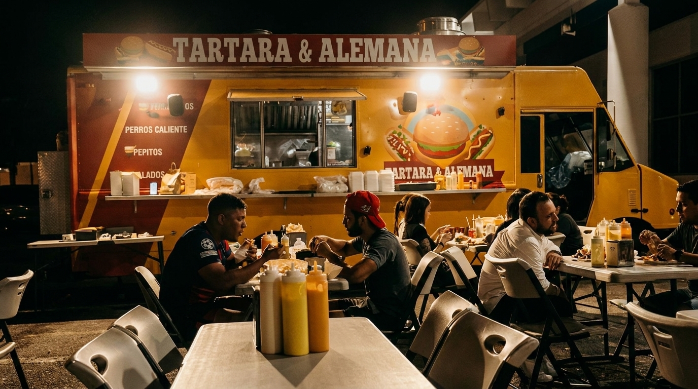 People eating at outdoor tables in front of a brightly lit yellow food truck at night.