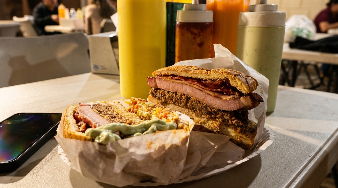 Two large, hearty sandwiches with various fillings and sauces on a table with condiment bottles.