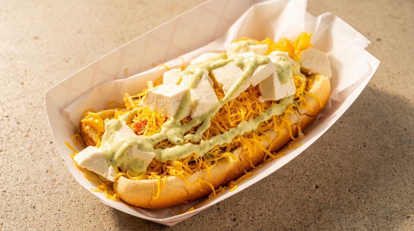 A hot dog in a paper tray, topped with shredded cheese, white cheese cubes, and green sauce.